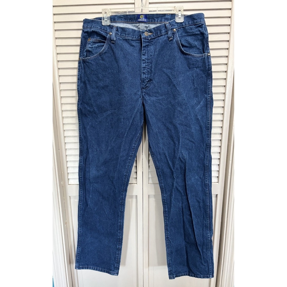 Wrangler Denim Jeans Straight Leg Dark Wash Size 38x32 Logo Mid Rise‎ EUC
